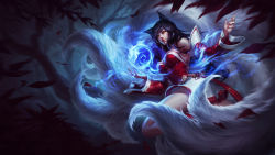 Rule 34 | 1girl, ahri (league of legends), animal ears, bad id, bad pixiv id, bare shoulders, black hair, breasts, cleavage, detached sleeves, energy ball, facial mark, fox ears, fox tail, highres, korean clothes, large breasts, league of legends, lipstick, long hair, makeup, multiple tails, nail polish, red nails, slit pupils, solo, tail, whisker markings, yellow eyes, yirui liya