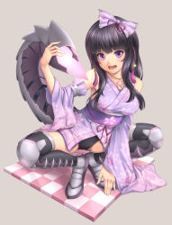Rule 34 | 1girl, :d, black hair, bow, breasts, full body, grey background, hair bow, japanese clothes, kimono, long hair, looking at viewer, mechanical tail, open mouth, opuu (opmk9), original, purple eyes, sasaame, simple background, smile, solo, squatting, tail, wide sleeves
