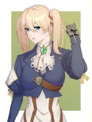 Rule 34 | 1girl, alternate hairstyle, blonde hair, blue eyes, blue jacket, breasts, brooch, commentary, dress, hair ribbon, hand up, highres, jacket, jewelry, juliet sleeves, long sleeves, looking at viewer, medium breasts, medium hair, neckerchief, parted lips, prosthesis, prosthetic hand, puffy sleeves, red ribbon, ribbon, solo, twintails, upper body, violet evergarden, violet evergarden (series), wakagon0727, white dress