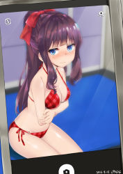 Rule 34 | 10s, 1girl, artist name, bikini, blue eyes, blunt bangs, blush, breasts, camera phone, cellphone, cleavage, collarbone, commentary request, dated, hair ribbon, halterneck, long hair, looking at viewer, mokyutan, mole, mole on breast, navel, new game!, o-ring, o-ring bottom, phone, plaid, plaid bikini, ponytail, pov, purple hair, red bikini, ribbon, side-tie bikini bottom, signature, solo, string bikini, swimsuit, takimoto hifumi, wavy mouth