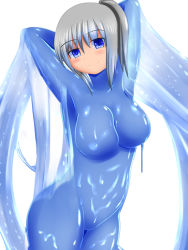 Rule 34 | arms behind back, blue eyes, breasts, grey hair, monster girl, no nipples, ponytail, rethnick, slime girl, smile, sura shrine maiden, transformation