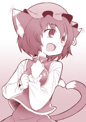 Rule 34 | 1girl, animal ears, breasts, cat ears, cat girl, cat tail, chen, ear wiggle, earrings, female focus, gradient background, heart, heart tail, jewelry, kitsune choukan, monochrome, multiple tails, open mouth, small breasts, smile, solo, tail, touhou