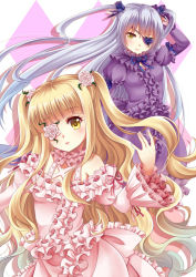 Rule 34 | 2girls, arm behind head, arm up, barasuishou, bare shoulders, blonde hair, blue ribbon, blunt bangs, blush, brown eyes, closed mouth, collar, commentary, cowboy shot, dress, english commentary, eyepatch, flower, flower eyepatch, flower over eye, frilled collar, frilled dress, frills, hair between eyes, hair flower, hair ornament, kirakishou, layered sleeves, light purple hair, long hair, long sleeves, looking at viewer, multiple girls, off-shoulder dress, off shoulder, parted lips, pink dress, pink flower, pink rose, puffy long sleeves, puffy short sleeves, puffy sleeves, purple dress, purple flower, purple rose, red ribbon, ribbon, rose, rozen maiden, short over long sleeves, short sleeves, sidelocks, silver hair, simple background, thorns, tulip, twintails, two side up, very long hair, villyane, white background, yellow eyes