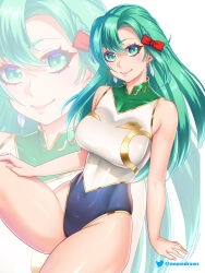 Rule 34 | 1girl, alternate costume, aqua hair, blue one-piece swimsuit, braid, breasts, chloe (fire emblem), covered navel, etchimune, fire emblem, fire emblem engage, green eyes, large breasts, long hair, looking at viewer, nintendo, one-piece swimsuit, side braid, smile, solo, swimsuit, thighs, two-tone swimsuit, very long hair, white one-piece swimsuit