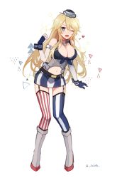 Rule 34 | 1girl, american flag, american flag legwear, asymmetrical legwear, black gloves, blonde hair, blue eyes, blush, breasts, cleavage, clothes writing, detached sleeves, elbow gloves, front-tie top, garter straps, gloves, hair between eyes, heart, highres, iowa (kancolle), kantai collection, kocona, large breasts, long hair, looking at viewer, miniskirt, mismatched legwear, navel, one-hour drawing challenge, one eye closed, open mouth, simple background, skirt, smile, solo, star (symbol), star in eye, striped clothes, striped skirt, striped thighhighs, symbol-shaped pupils, symbol in eye, thighhighs, tongue, tongue out, underwear, vertical-striped clothes, vertical-striped skirt, vertical-striped thighhighs, white background, wrist cuffs