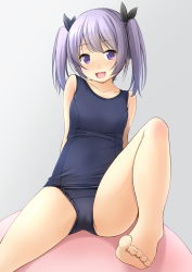 Rule 34 | 1girl, :d, bare legs, bare shoulders, barefoot, black ribbon, blue one-piece swimsuit, blush, breasts, collarbone, commentary request, gradient background, grey background, hair ribbon, highres, knee up, looking at viewer, old school swimsuit, one-piece swimsuit, open mouth, original, purple eyes, purple hair, ribbon, school swimsuit, shibacha, small breasts, smile, soles, solo, swimsuit, twintails