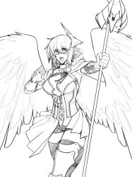 Rule 34 | 1girl, angel, angel wings, armor, cape, corset, feathered wings, feathers, glasses, gloves, greyscale, highres, horns, leg armor, less, looking at viewer, monochrome, open clothes, open mouth, open skirt, pointy ears, short hair, short shorts, shorts, simple background, single horn, skirt, solo, staff, weapon, white background, wings