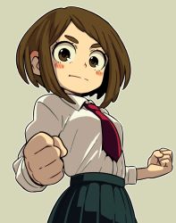 Rule 34 | 10s, 1girl, ammonio, blouse, blush, blush stickers, boku no hero academia, breasts, brown eyes, brown hair, clenched hands, collared shirt, female focus, green skirt, grey background, long sleeves, looking at viewer, necktie, pleated skirt, red necktie, shirt, short hair, simple background, skirt, solo, upper body, uraraka ochako, white shirt