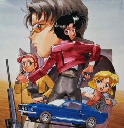 Rule 34 | 1990s (style), 4girls, :d, ass, becky farrah, black hair, black jacket, black pants, black shirt, blue eyes, blunt ends, bob cut, breasts, brown eyes, car, cellphone, closed mouth, collage, cover, cropped jacket, cz 75, dark-skinned female, dark skin, drawing gun, dutch angle, dvd cover, explosive, expressionless, eyelashes, from behind, glasses, green eyes, grenade, gun, gunsmith cats, hairband, handgun, holding, holding gun, holding weapon, holster, inverted bob, jacket, leaning forward, long hair, long skirt, long sleeves, looking ahead, looking at another, looking at viewer, looking back, medium breasts, minnie may hopkins, motor vehicle, multiple girls, natasha radinov, non-web source, official art, open clothes, open jacket, open mouth, opened by self, orange sweater, outstretched arm, pants, parted lips, phone, promotional art, rally vincent, red hair, red jacket, retro artstyle, ribbed sweater, rifle, round eyewear, safety glasses, scope, shelby gt500, shirt, short hair, sidelocks, skirt, small breasts, smile, sonoda ken&#039;ichi, standing, sweater, talking on phone, teeth, textless version, turtleneck, turtleneck sweater, upper teeth only, very short hair, weapon, weapon request, white hairband, white jacket, white shirt, white skirt, wrap-around shades, yellow jacket