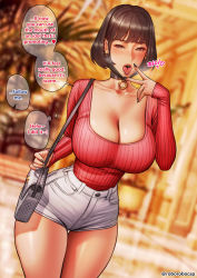 Rule 34 | 1girl, absurdres, bag, black nails, blunt bangs, blurry, blurry background, breasts, brown hair, cleavage, collar, earrings, english text, hair behind ear, handbag, heart, heart-shaped pupils, highres, jewelry, large breasts, low neckline, mask, mouth mask, nail polish, open mouth, oral invitation, original, red sweater, roborobocap, short hair, short shorts, shorts, sleeves past wrists, speech bubble, standing, sweater, symbol-shaped pupils, thighs, tongue, tongue out, v, white shorts