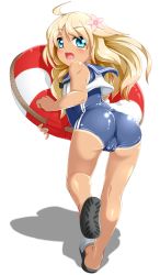 Rule 34 | 10s, 1girl, ass, bad id, bad pixiv id, blonde hair, blue eyes, cameltoe, crop top, flower, from behind, hair flower, hair ornament, highres, kantai collection, kokujuuji, lifebuoy, long hair, looking at viewer, looking back, one-piece tan, open mouth, ro-500 (kancolle), sailor collar, sandals, school swimsuit, simple background, solo, swim ring, swimsuit, swimsuit under clothes, tan, tanline, teeth, upper teeth only, white background
