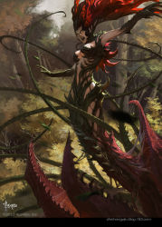 Rule 34 | 1girl, artist name, bayard wu, breasts, center opening, cleavage, dated, fangs, gloves, leaf, legend of the cryptids, long hair, mandrake, monster girl, official art, open mouth, plant, red hair, solo, teeth, thorns, tree, vines, watermark, web address, yellow eyes