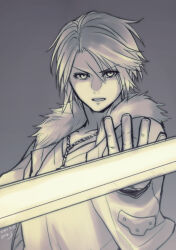 Rule 34 | 1boy, commentary request, cropped jacket, dated, fighting stance, final fantasy, final fantasy viii, fur-trimmed jacket, fur trim, gloves, grey background, hand up, hiryuu (kana h), holding, holding sword, holding weapon, jacket, jewelry, male focus, monochrome, necklace, open clothes, open jacket, open mouth, scar, scar on face, serious, short hair, signature, simple background, solo, squall leonhart, sword, upper body, v-neck, weapon