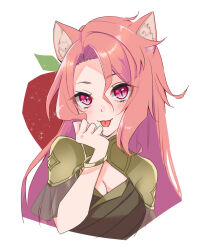 Rule 34 | 1girl, :p, animal ears, apple, bracelet, breasts, brown dress, cleavage, cleavage cutout, clothing cutout, cropped torso, curtained hair, dress, food, fox ears, fox girl, fruit, fruit background, hair between eyes, hajimari no kioku, hand to own mouth, highres, jewelry, karamomo (krmmap), long hair, looking at viewer, medium breasts, phruity, pink eyes, pink hair, short sleeves, simple background, slit pupils, solo, tongue, tongue out, upper body, white background