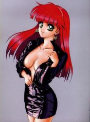 Rule 34 | 1girl, blunt bangs, breasts, earrings, green eyes, hairband, jewelry, leather, medium breasts, mon mon, no bra, pvc, red hair, retro artstyle, shiny clothes, solo, vinyl