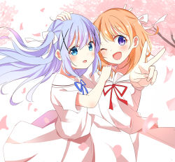 Rule 34 | 2girls, ;d, blue eyes, blue hair, blue ribbon, bow, branch, brown hair, commentary request, dress, floating hair, flower, gochuumon wa usagi desu ka?, hair between eyes, hair bow, hair ornament, highres, hoto cocoa, kafuu chino, kousaka nobaku, long hair, matching outfits, multiple girls, neck ribbon, one eye closed, open mouth, outstretched arms, petals, pink flower, purple eyes, red ribbon, ribbon, sailor collar, sailor dress, smile, two side up, v, very long hair, white bow, white dress, white sailor collar, x hair ornament