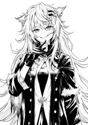 Rule 34 | 1girl, absurdres, animal ear fluff, animal ears, arknights, artist name, black gloves, coat, dress, gloves, grey eyes, greyscale, hair between eyes, hair ornament, hairclip, highres, jewelry, lappland (arknights), lappland (refined horrormare) (arknights), long hair, long sleeves, looking at viewer, monochrome, necklace, official alternate costume, open clothes, open coat, porte, scar, scar across eye, scar on face, smile, solo, standing, strapless, tail, tube top, white background, wolf ears, wolf girl, wolf tail