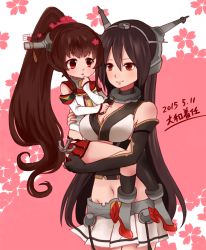 Rule 34 | 10s, 2girls, aged down, black hair, breasts, brown eyes, brown hair, child, cleavage, dated, headgear, kantai collection, kobone, large breasts, long hair, looking at viewer, miniskirt, multiple girls, nagato (kancolle), navel, pleated skirt, ponytail, simple background, skirt, smile, translation request, yamato (kancolle)