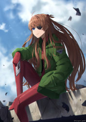 Rule 34 | 1girl, absurdres, blue eyes, blue sky, blurry, bodysuit, brown hair, day, evangelion: 3.0+1.0 thrice upon a time, expressionless, eyepatch, green jacket, hanagamigendai, hand in pocket, handheld game console, highres, jacket, knee up, long hair, neon genesis evangelion, outdoors, plugsuit, rebuild of evangelion, red bodysuit, red legwear, shiny clothes, sitting, sky, solo, souryuu asuka langley, twitter username, very long hair