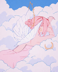Rule 34 | 1girl, absurdres, arms up, backless dress, backless outfit, bare shoulders, blue sky, cloud, crescent, dress, feathered wings, from behind, hair bun, highres, meyoco, original, pink dress, pink hair, shadow, single hair bun, sky, solo, upper body, white wings, wings