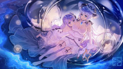 Rule 34 | 2girls, ahoge, artist name, azur lane, bare shoulders, barefoot, blue eyes, breasts, chinese commentary, commentary request, detached sleeves, dress, elbow gloves, evening gown, from side, full body, garter belt, garter straps, gloves, hug, illustrious (azur lane), large breasts, long hair, looking at viewer, majiang, mole, mole under eye, multiple girls, no shoes, purple eyes, purple hair, see-through, sidelocks, silver hair, sitting, small breasts, stuffed animal, stuffed toy, stuffed winged unicorn, unicorn (azur lane), white dress, white headwear