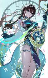 Rule 34 | 1girl, absurdres, bare shoulders, black gloves, blue dress, breasts, brown hair, china dress, chinese clothes, closed mouth, dress, gloves, green eyes, hair between eyes, highres, holding, holding instrument, honkai: star rail, honkai (series), instrument, long hair, looking at viewer, music, petals, playing instrument, pontaro2, ruan, ruan mei (honkai: star rail), smile, solo, thigh strap, water