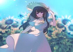 Rule 34 | 1girl, arm at side, black hair, blunt bangs, blurry, blurry background, braid, closed mouth, collarbone, coto notte, day, dress, feet out of frame, field, flower, flower field, frills, hair ribbon, hand on headwear, hat, heroine (lovebrush chronicles), long hair, lovebrush chronicles, official alternate costume, outdoors, purple eyes, ribbon, scarf, short sleeves, side braid, smile, solo, standing, straight-on, sun hat, sundress, sunflower, sunflower field, underbust, white dress, white scarf, wind, yellow ribbon