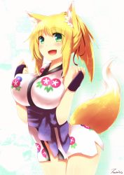 Rule 34 | 10s, 1girl, absurdres, animal ear fluff, animal ears, bad id, bad pixiv id, blonde hair, bottomless, breasts, bridal gauntlets, dog days, fox ears, fox tail, green eyes, highres, large breasts, long hair, nanashin naomi, open mouth, sash, shiny skin, simple background, sleeveless, smile, solo, tail, thigh gap, yukikaze panettone