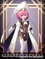Rule 34 | 1girl, :d, absurdres, bodysuit, commentary request, covered navel, entenca, feet out of frame, flat chest, gloves, gold trim, hat, highres, looking at viewer, open mouth, original, outstretched arms, pink eyes, pink hair, pixiv fantasia, pixiv fantasia scepter of zeraldia, short hair, smile, solo, spread arms, thighhighs, white gloves
