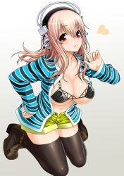 Rule 34 | 1girl, bikini, bikini top only, black thighhighs, boots, breasts, hand on own hip, headphones, heart, isse, large breasts, looking at viewer, navel, nitroplus, pink hair, red eyes, shirt, short shorts, shorts, smile, solo, striped clothes, striped shirt, super sonico, swimsuit, thighhighs