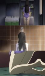 Rule 34 | 10s, 1girl, animated, animated gif, anime screenshot, ass, back, bandages, bare legs, bare shoulders, barefoot, basket, bathing, bathroom, black hair, clothes lift, curtains, dimples of venus, door, from behind, highres, indoors, kneeling, legs, long hair, lowres, mirror, nude, pale skin, sanka rea, sankarea, screencap, shirt lift, shower, split screen, standing, steam, thighs, tiles, undressing, water, wet, wind, zombie
