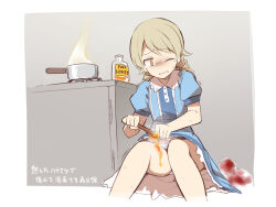 Rule 34 | 1girl, blood, blue dress, bottle, brown eyes, brown hair, check translation, clenched teeth, collared dress, deep wound, dress, feet out of frame, grey background, holding, honey, idolmaster, idolmaster cinderella girls, injury, long hair, morikubo nono, one eye closed, puffy short sleeves, puffy sleeves, revision, short sleeves, sitting, solo, tears, teeth, translation request, two-tone background, uccow, white background