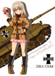 Rule 34 | 1girl, absurdres, black socks, boko (girls und panzer), boots, bouquet, bow, bowtie, brown coat, brown footwear, character name, coat, contrapposto, flower, full body, girls und panzer, grey eyes, grin, hair between eyes, highres, holding, holding bouquet, hood, hood down, hooded coat, itsumi erika, kneehighs, long hair, looking at viewer, military, military vehicle, miniskirt, motor vehicle, open clothes, open coat, pink flower, pink skirt, plaid, plaid bow, plaid bowtie, plaid neckwear, plaid skirt, pleated skirt, red bow, red bowtie, shiny skin, silver hair, skirt, smile, socks, solo, standing, tank, tiger ii, white background, white flower