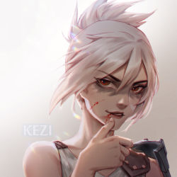 Rule 34 | 1girl, armor, artist name, blood, dirty, dirty face, folded ponytail, gradient background, kezi, league of legends, red eyes, riven (league of legends), short hair, solo, white hair