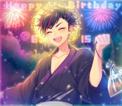 Rule 34 | 1boy, bag, black hair, chiyu (silverxxxx), closed eyes, commentary request, dated, ensemble stars!, facing viewer, fireworks, fish, happy birthday, holding, japanese clothes, kimono, male focus, multicolored hair, nagumo tetora, open mouth, outdoors, plastic bag, red hair, short hair, smile, solo, star (symbol), streaked hair, teeth, two-tone hair, upper body, upper teeth only