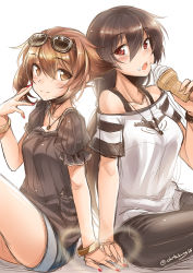 Rule 34 | 10s, 2girls, alternate costume, black hair, bracelet, breasts, brown eyes, brown hair, casual, eyewear on head, food, food on face, holding hands, ice cream, ice cream cone, jewelry, kantai collection, long hair, looking at viewer, multiple girls, mutsu (kancolle), nagato (kancolle), nail polish, necklace, off shoulder, okitakung, open mouth, puffy short sleeves, puffy sleeves, red eyes, red nails, shirt, short hair, short sleeves, shorts, sketch, smile, sunglasses, twitter username