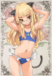 Rule 34 | 1girl, animal ears, armpits, bikini, blonde hair, cat ears, cat tail, flat chest, glasses, hinokore, long hair, navel, perrine h. clostermann, solo, star (symbol), strike witches, swimsuit, tail, world witches series, yellow eyes
