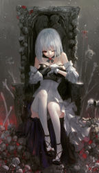Rule 34 | 1girl, armchair, bare shoulders, black footwear, blood, breasts, chair, closed mouth, commentary request, detached sleeves, dress, flower, gloves, highres, kisei2, long sleeves, looking at viewer, medium breasts, on chair, one eye closed, original, red eyes, red flower, red rose, rose, shoes, signature, sitting, skeleton, skull, solo, thighhighs, white dress, white gloves, white hair, white sleeves, white thighhighs