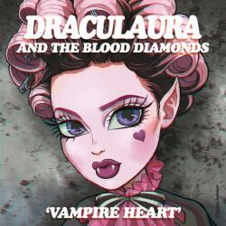 Rule 34 | 1girl, album cover, album name, colored skin, cover, draculaura, egitojuniior, english text, fangs, grey background, hair ornament, hairclip, heart, heart tattoo, looking at viewer, monster high, parody, pink eyebrows, pink lips, pink skin, pointy ears, purple eyes, signature, tattoo, thick lips, title parody, vampire