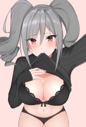 Rule 34 | 1girl, absurdres, argule0901, biting, biting clothes, black bra, black panties, blurry, bra, breasts, cleavage, clothes in mouth, clothes lift, depth of field, drill hair, eyelashes, foreshortening, hair between eyes, hand on own chest, highres, idolmaster, idolmaster cinderella girls, kanzaki ranko, large breasts, legs together, long hair, looking at viewer, mouth hold, navel, panties, partially undressed, reaching, reaching towards viewer, red eyes, selfie, shirt in mouth, simple background, sweater, thighs, twin drills, twintails, underwear