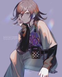 Rule 34 | 1boy, alternate costume, belt, black belt, black nails, brown hair, chain, closed mouth, commentary, crossed legs, danganronpa (series), danganronpa v3: killing harmony, earrings, expressionless, grey pants, hair between eyes, hand up, head rest, highres, jacket, jewelry, layered sleeves, lemontea, long sleeves, looking at viewer, male focus, nail polish, oma kokichi, pants, purple background, purple eyes, short over long sleeves, short sleeves, sitting, solo, sparkle, symbol-only commentary, white jacket