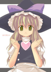 Rule 34 | 1girl, blonde hair, bow, buttons, female focus, hair ribbon, hat, hat bow, heart, kirisame marisa, letterboxed, light smile, long hair, monji, ribbon, simple background, smile, solo, split mouth, touhou, translation request, white background, witch, witch hat, yellow eyes