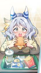 Rule 34 | 1girl, animal ears, blush, breasts, brown eyes, burger, casual, commentary request, cup, disposable cup, drinking straw, ear covers, ear ornament, food, french fries, grey eyes, grey hair, hair between eyes, hair ornament, highres, hishi miracle (umamusume), holding, holding food, horse ears, horse girl, looking at viewer, medium breasts, medium hair, open mouth, reversi (reversi ppp), sandwiched, solo, surprised, table, teeth, tray, umamusume, upper teeth only