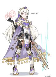 Rule 34 | 1girl, absurdres, alternate costume, armor, artist name, bare shoulders, breastplate, cape, character name, circlet, closed mouth, crests (fire emblem), fingerless gloves, fire emblem, fire emblem: three houses, fire emblem echoes: shadows of valentia, flat chest, full body, gloves, greaves, headdress, highres, holding, holding sword, holding weapon, knee guards, long hair, looking at viewer, lysithea von ordelia, miniskirt, nintendo, pelvic curtain, pink eyes, saiykik, simple background, skirt, smirk, sword, thighhighs, vambraces, weapon, white background, white hair, zettai ryouiki