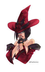 Rule 34 | 1girl, aqua eyes, artist name, bare shoulders, black hair, breasts, cleavage, collar, detached sleeves, featherism (yuna), fingerless gloves, gloves, guilty gear, hands together, hat, i-no, large breasts, long sleeves, mole, portrait, short hair, sideboob, upper body, wide sleeves, witch hat