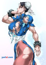 Rule 34 | 1girl, absurdres, blood, blood from mouth, bracelet, breasts, capcom, chun-li, double bun, dress, earrings, eyelashes, from side, hair bun, highres, huge breasts, jewelry, no bra, pantyhose, solo, spiked bracelet, spikes, street fighter, stud earrings, torn clothes, torn dress, torn pantyhose, watermark, web address, white background, yuri ai