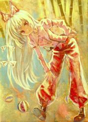 Rule 34 | 1girl, acrylic paint (medium), ama-tou, ball, bamboo, bamboo forest, bent over, female focus, forest, fujiwara no mokou, hand on own hip, highres, hip focus, leaning forward, long hair, nature, painting (medium), pants, red eyes, solo, touhou, traditional media, white hair, yellow theme