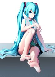 Rule 34 | 1girl, absurdres, barefoot, blue eyes, blue hair, feet, hatsune miku, highres, long hair, looking at viewer, panties, pantyshot, soles, striped clothes, striped panties, toes, twintails, underwear, vocaloid