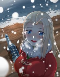 Rule 34 | 1girl, absurdres, alcohol, bad id, bad pixiv id, beach, black gloves, blonde hair, blue eyes, blurry, blurry foreground, blush, bottle, clara (girls und panzer), coat, commentary, depth of field, english text, fur scarf, girls und panzer, gloves, highres, holding, holding bottle, hyunjjing, long hair, long sleeves, looking at viewer, open mouth, red coat, smile, snow, solo, standing, toggles, vodka
