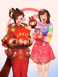 Rule 34 | 2girls, :d, ^ ^, alternate costume, brown eyes, brown hair, chinese clothes, closed eyes, d.va (overwatch), dress, closed eyes, facial mark, glasses, korean clothes, looking at viewer, luna mei, mei (overwatch), multiple girls, nail polish, official alternate costume, open mouth, overwatch, overwatch 1, palanquin d.va, pink skirt, qosic, round teeth, skirt, smile, snowball (overwatch), striped, striped sleeves, teeth, whisker markings